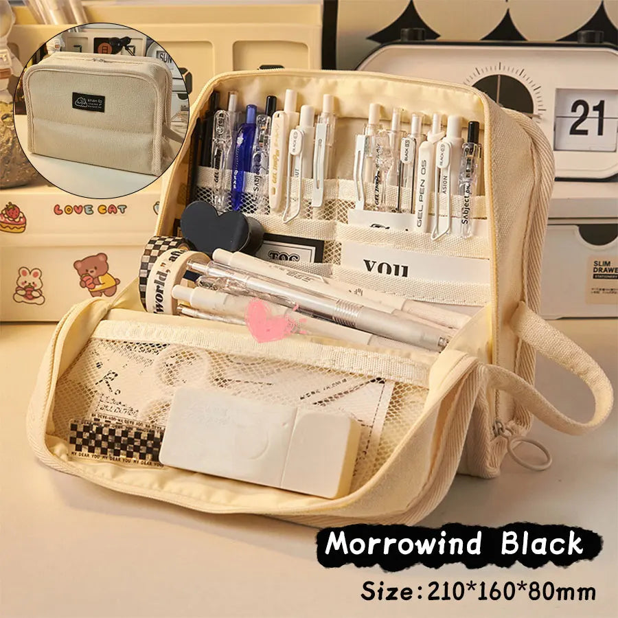 Large Capacity Canvas Pencil Case, Minimalist Japanese Style Pen Pouch, Portable Stationery Storage Box, Multi-functional School Supplies Organizer Bag