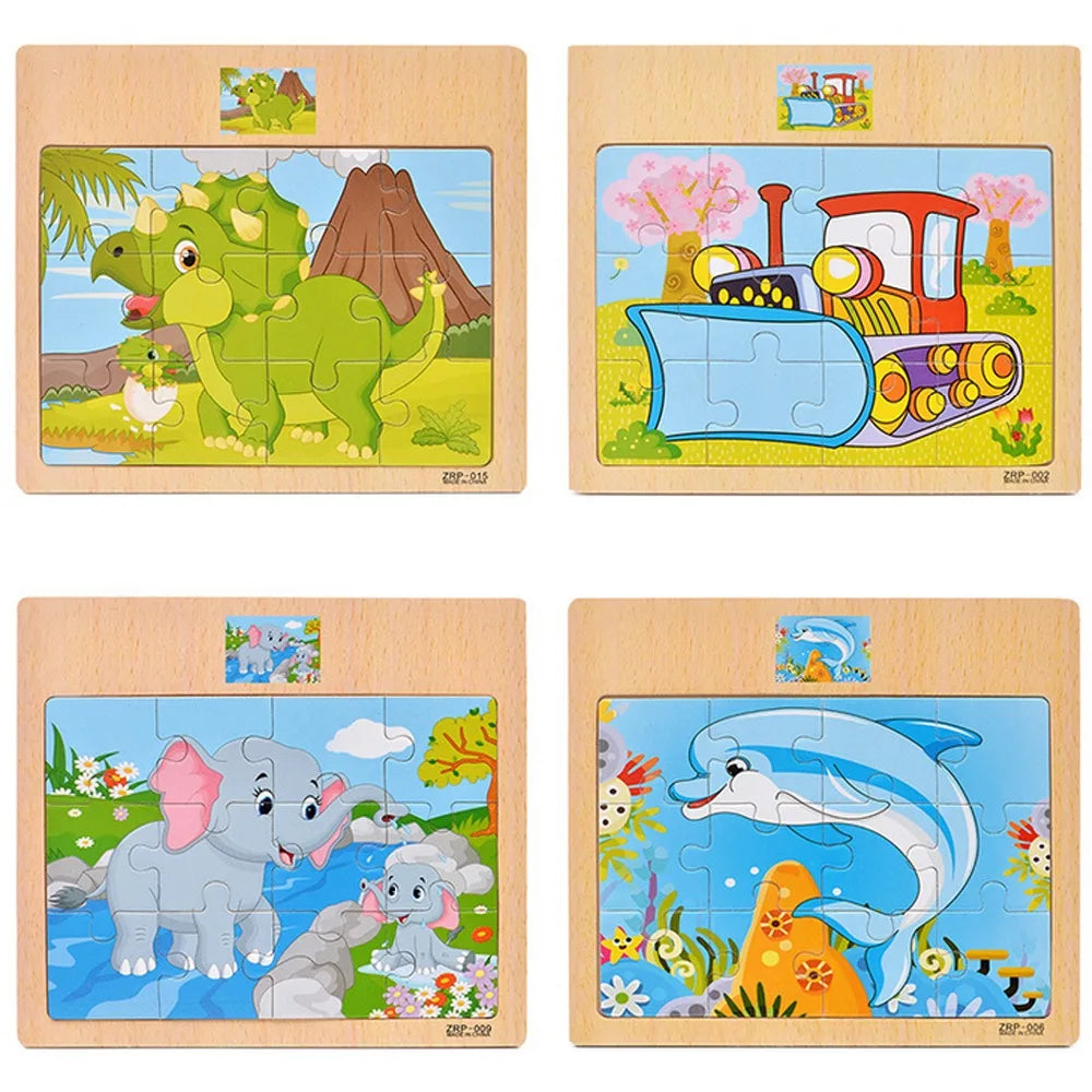 Popular 12/9 PCS Wooden Puzzle Set – Cute Cartoon Vehicles & Animal Designs, Early Learning & Educational Toys, Perfect Gift for Kids & Babies