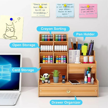 Wooden Desktop Organizer with Drawer, DIY Assemble Pen Holder, Large Capacity Stationery Storage Box, Multifunctional Desk Tidy for Home, Office & School