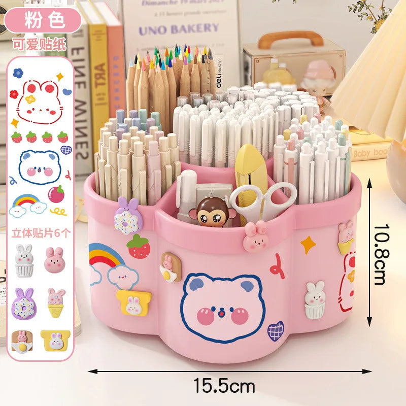 Large Capacity 360° Rotating Desk Organizer, Cute Pen Holder & Stationery Storage Box for Office & School Supplies