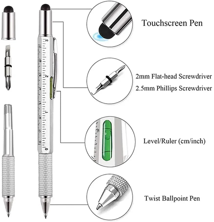 7-in-1 Multifunctional Pen, Capacitive Touch Screen Stylus with Screwdriver, Ruler, Spirit Level & Refillable Ballpoint Pen Tool