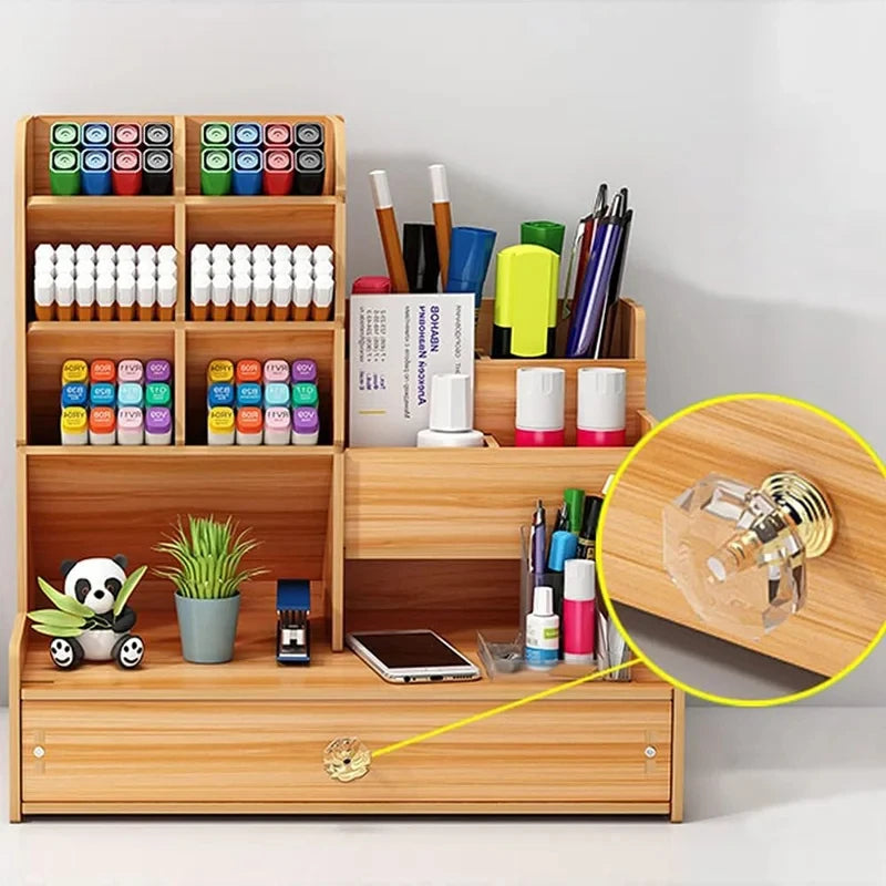 Wooden Desktop Organizer with Drawer, DIY Assemble Pen Holder, Large Capacity Stationery Storage Box, Multifunctional Desk Tidy for Home, Office & School