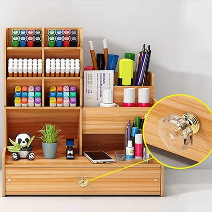 Wooden Desktop Organizer with Drawer, DIY Assemble Pen Holder, Large Capacity Stationery Storage Box, Multifunctional Desk Tidy for Home, Office & School