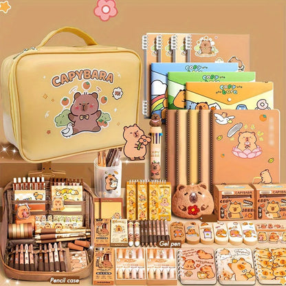 Adorable Capybara Themed Stationery Gift Set for Students, Including Comfort-Grip Pens, Notebook, Pencil Case & Complete School Supplies Kit