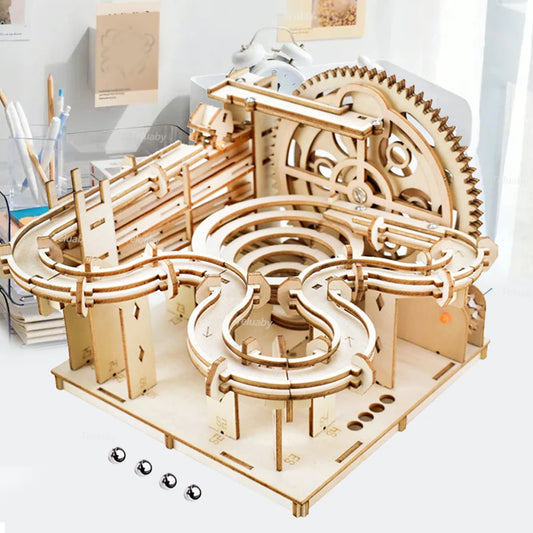 3D Wooden Puzzle DIY Mechanical Model Building Kit, Assemble Toy Set with Marble Run & 4 Balls, Creative Gifts for Adults & Kids