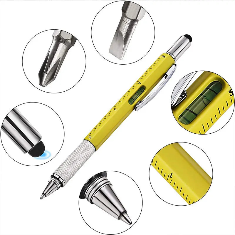 6-in-1 Multifunctional Ballpoint Pen with Hand Tool Features – Includes Ruler, Measuring Scale, Screwdriver, Touch Screen Stylus, and Spirit Level