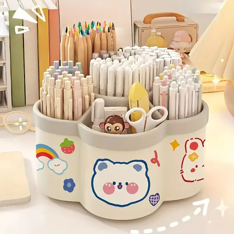 Large Capacity 360° Rotating Desk Organizer, Cute Pen Holder & Stationery Storage Box for Office & School Supplies
