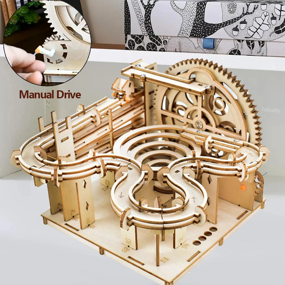 3D Wooden Puzzle DIY Mechanical Model Building Kit, Assemble Toy Set with Marble Run & 4 Balls, Creative Gifts for Adults & Kids