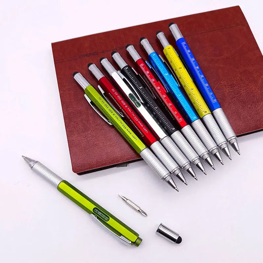 6-in-1 Multifunctional Ballpoint Pen with Hand Tool Features – Includes Ruler, Measuring Scale, Screwdriver, Touch Screen Stylus, and Spirit Level