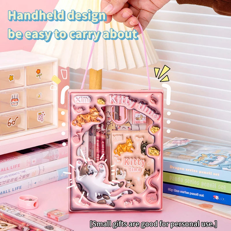 6-in-1 3D Cartoon Stationery Set, Portable Kids Learning Gift Box, Practical Study Supplies for Students