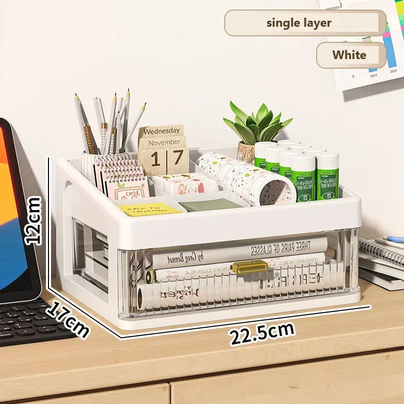 Transparent Plastic Desk Organizer with Drawer, Multifunctional Stationery Storage Box, Desktop Organizer for School & Office Supplies