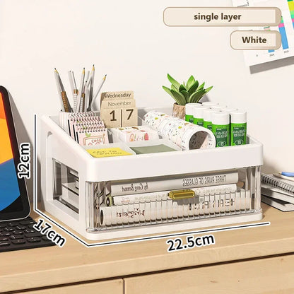 Transparent Plastic Desk Organizer with Drawer, Multifunctional Stationery Storage Box, Desktop Organizer for School & Office Supplies
