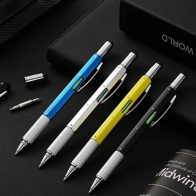 6-in-1 Multifunctional Ballpoint Pen with Hand Tool Features – Includes Ruler, Measuring Scale, Screwdriver, Touch Screen Stylus, and Spirit Level