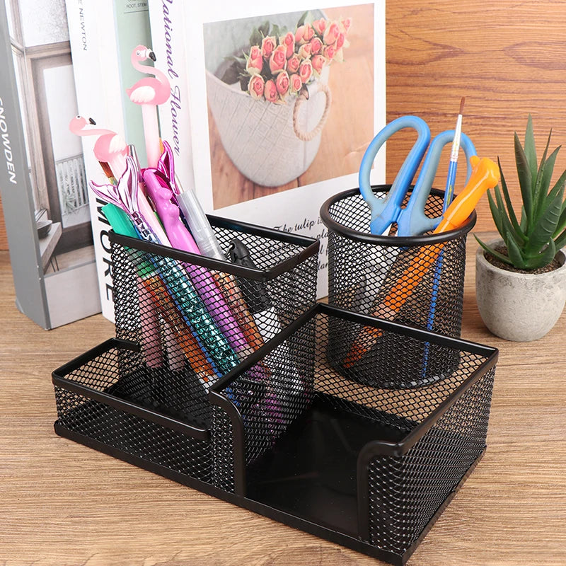 Creative Metal Desk Organizer, 3-Grid Pen Holder, Multifunctional Pencil & File Storage Rack, Practical Office Desktop Accessories