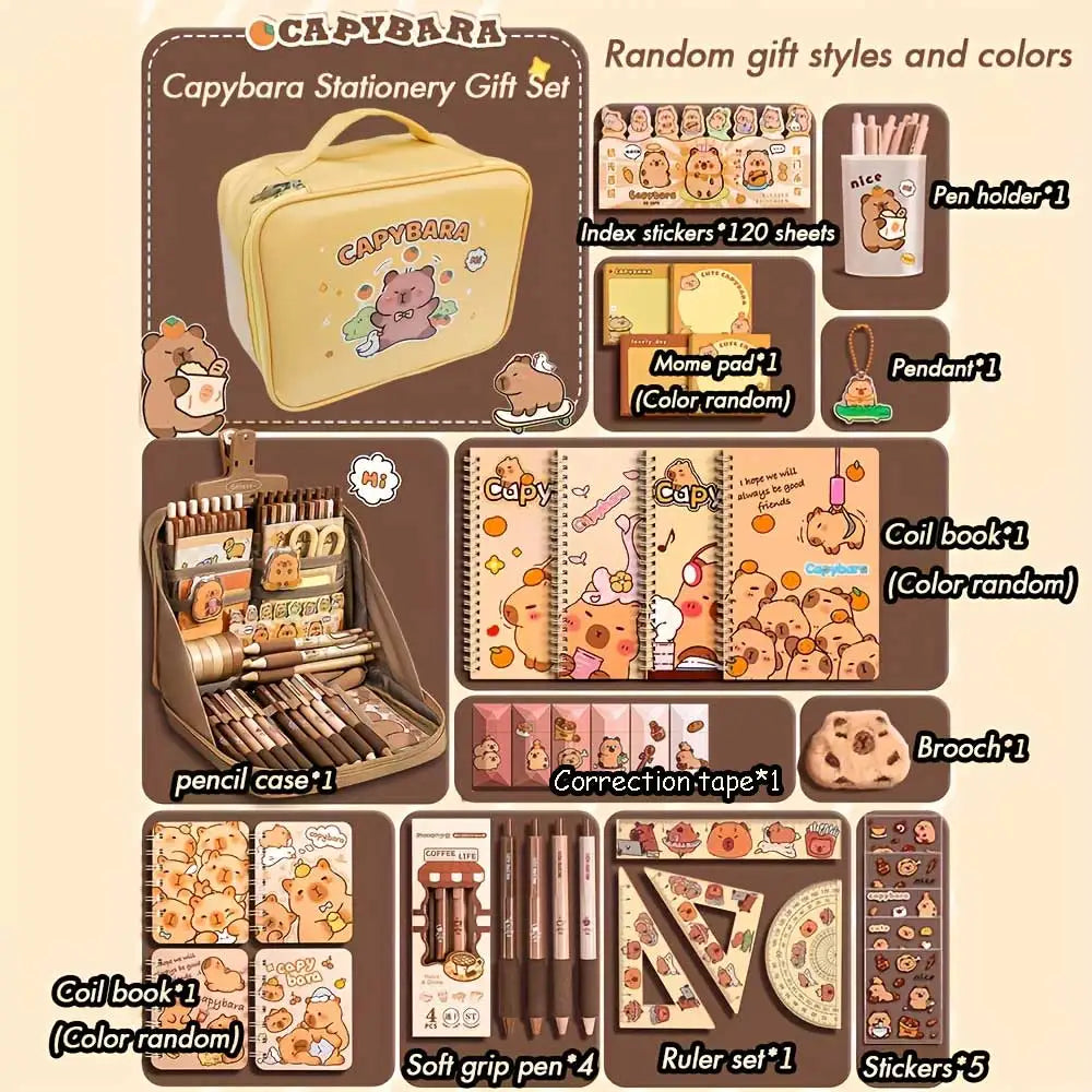 Adorable Capybara Themed Stationery Gift Set for Students, Including Comfort-Grip Pens, Notebook, Pencil Case & Complete School Supplies Kit