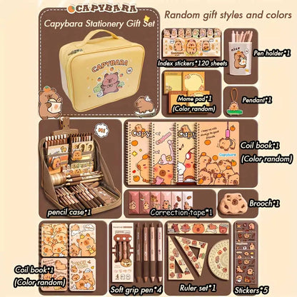 Adorable Capybara Themed Stationery Gift Set for Students, Including Comfort-Grip Pens, Notebook, Pencil Case & Complete School Supplies Kit