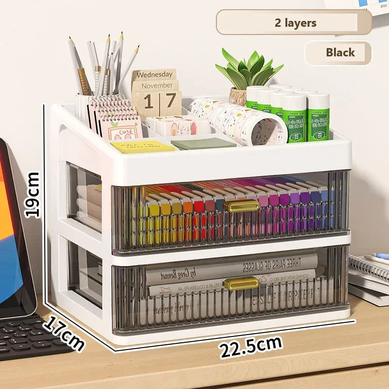 Transparent Plastic Desk Organizer with Drawer, Multifunctional Stationery Storage Box, Desktop Organizer for School & Office Supplies