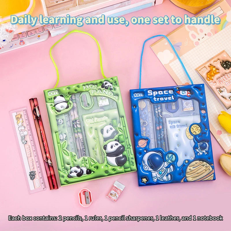 6-in-1 3D Cartoon Stationery Set, Portable Kids Learning Gift Box, Practical Study Supplies for Students
