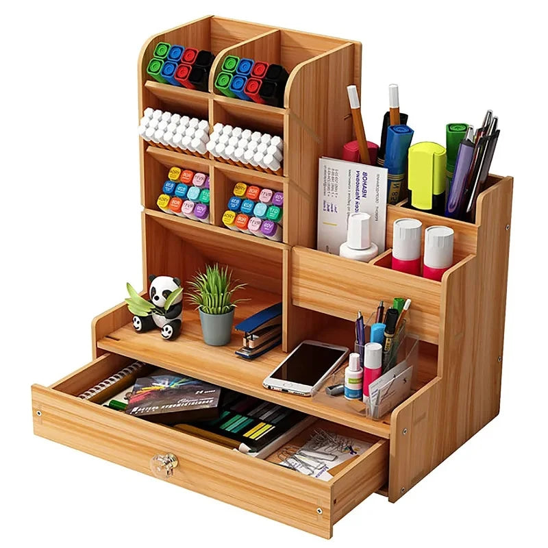 Wooden Desktop Organizer with Drawer, DIY Assemble Pen Holder, Large Capacity Stationery Storage Box, Multifunctional Desk Tidy for Home, Office & School