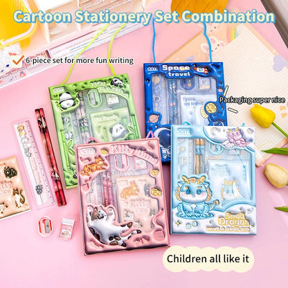 6-in-1 3D Cartoon Stationery Set, Portable Kids Learning Gift Box, Practical Study Supplies for Students