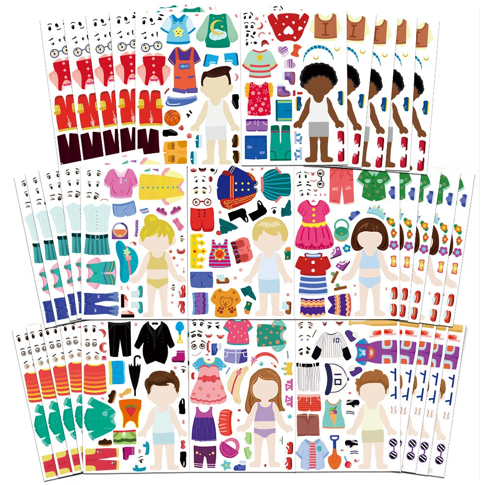 8/16/32PCS Funny Kids Dress-Up Puzzle Stickers, Cute Cartoon Creative DIY Stickers, Waterproof Decorative Stickers for Children’s Puzzle Activities