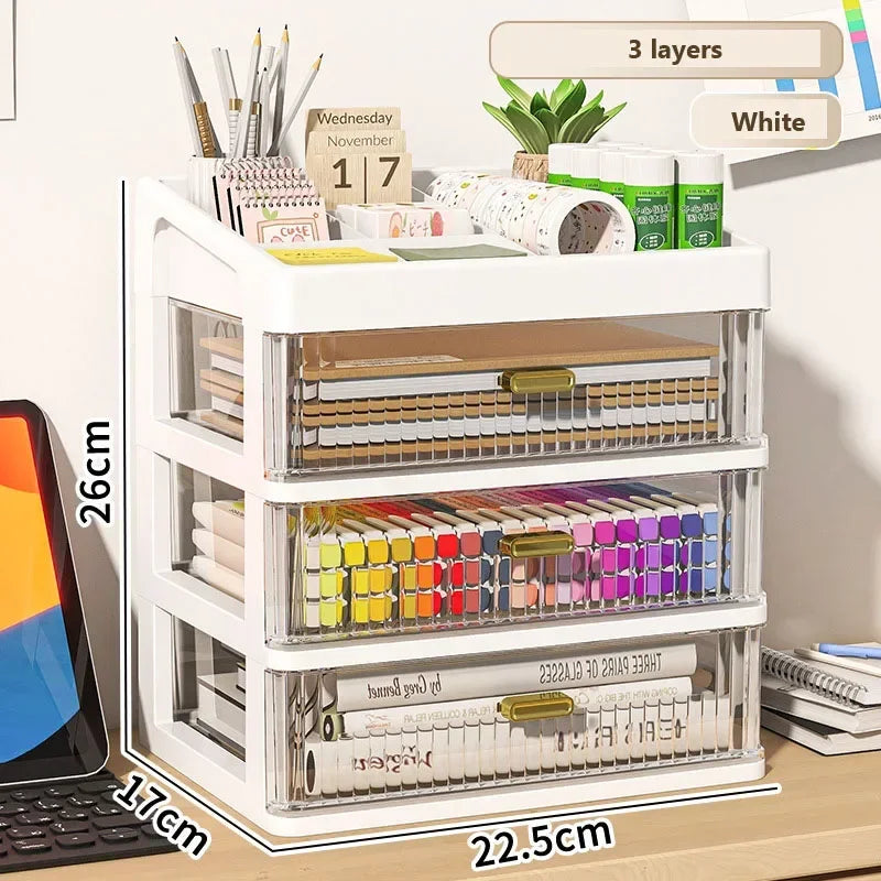 Transparent Plastic Desk Organizer with Drawer, Multifunctional Stationery Storage Box, Desktop Organizer for School & Office Supplies