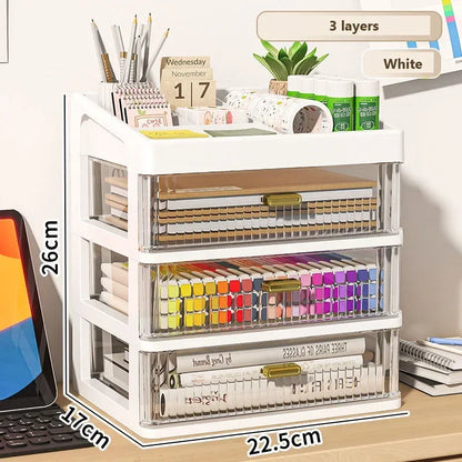 Transparent Plastic Desk Organizer with Drawer, Multifunctional Stationery Storage Box, Desktop Organizer for School & Office Supplies