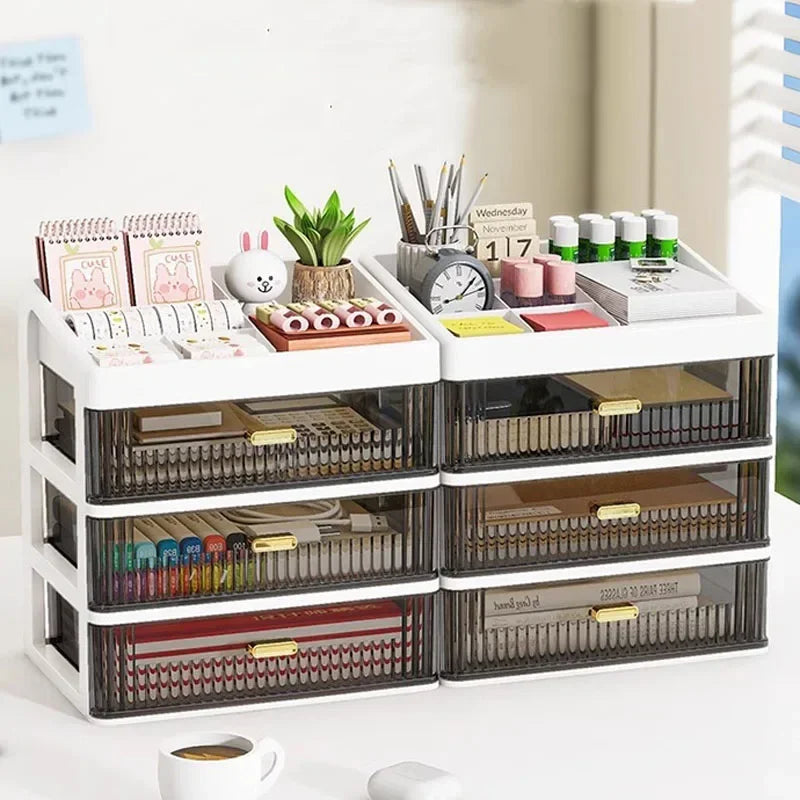 Transparent Plastic Desk Organizer with Drawer, Multifunctional Stationery Storage Box, Desktop Organizer for School & Office Supplies