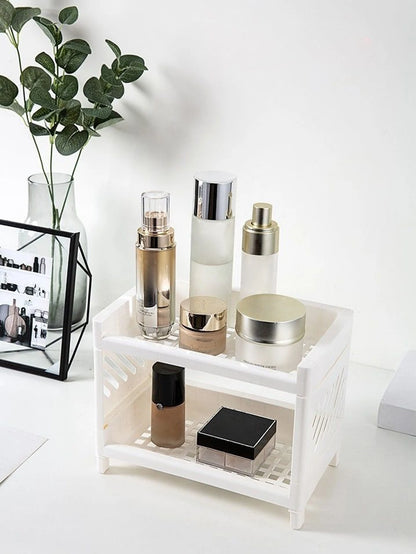 Double-Layer PP Desktop Storage Rack, White Rectangular Desk Organizer, Multi-Purpose Storage for Student Stationery, Office Supplies & Cosmetics
