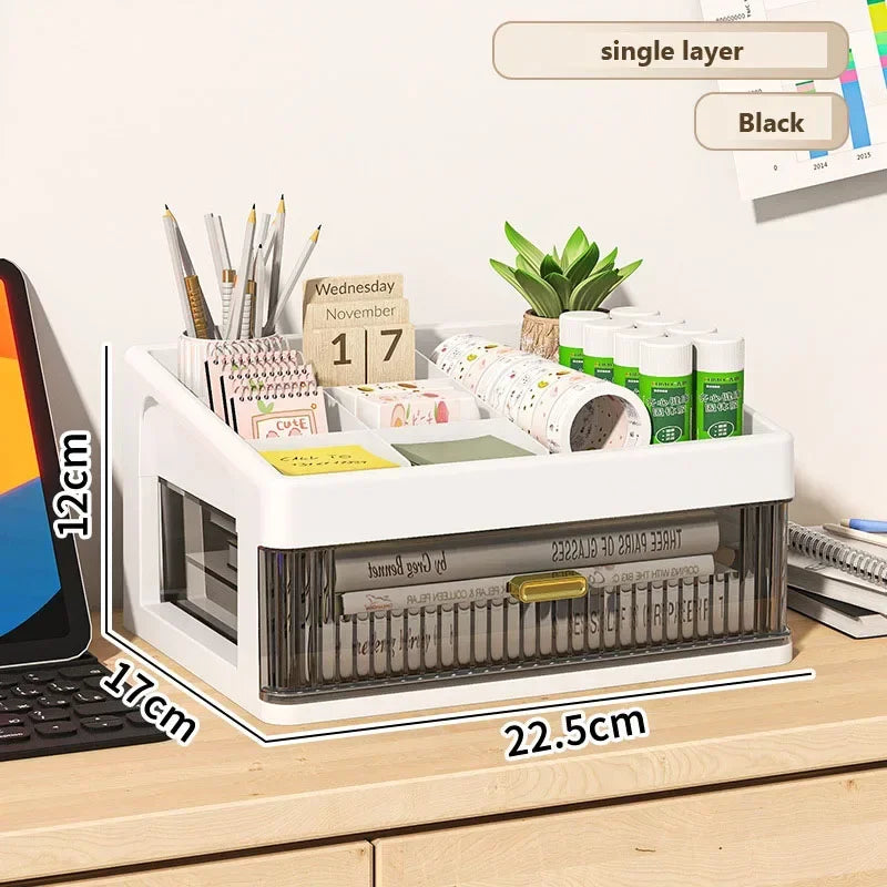 Transparent Plastic Desk Organizer with Drawer, Multifunctional Stationery Storage Box, Desktop Organizer for School & Office Supplies