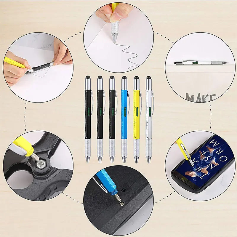 6-in-1 Multifunctional Ballpoint Pen with Hand Tool Features – Includes Ruler, Measuring Scale, Screwdriver, Touch Screen Stylus, and Spirit Level