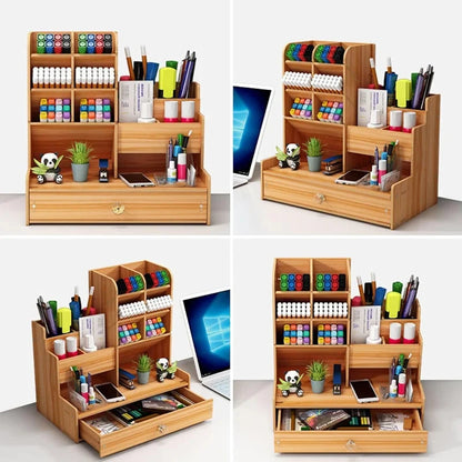 Wooden Desktop Organizer with Drawer, DIY Assemble Pen Holder, Large Capacity Stationery Storage Box, Multifunctional Desk Tidy for Home, Office & School