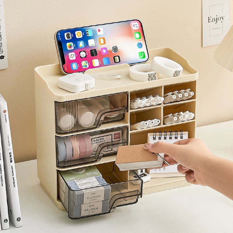 3-Drawer Desktop Organizer Caddy, Multifunctional Desk Storage with Pen Holder, Ideal for School, Home and Office Daily Supplies Organization