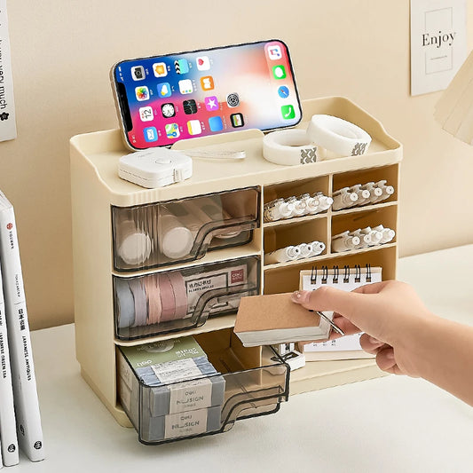 3-Drawer Desktop Organizer Caddy, Multifunctional Desk Storage with Pen Holder, Ideal for School, Home and Office Daily Supplies Organization