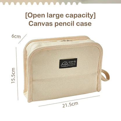 Large Capacity Canvas Pencil Case, Minimalist Japanese Style Pen Pouch, Portable Stationery Storage Box, Multi-functional School Supplies Organizer Bag