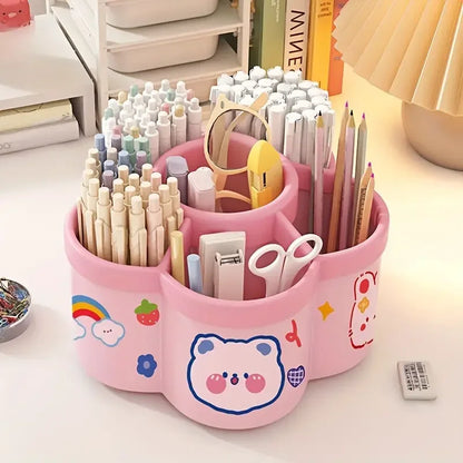 Large Capacity 360° Rotating Desk Organizer, Cute Pen Holder & Stationery Storage Box for Office & School Supplies