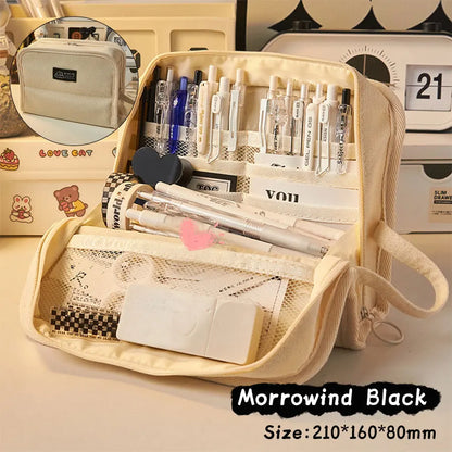 Large Capacity Canvas Pencil Case, Minimalist Japanese Style Pen Pouch, Portable Stationery Storage Box, Multi-functional School Supplies Organizer Bag