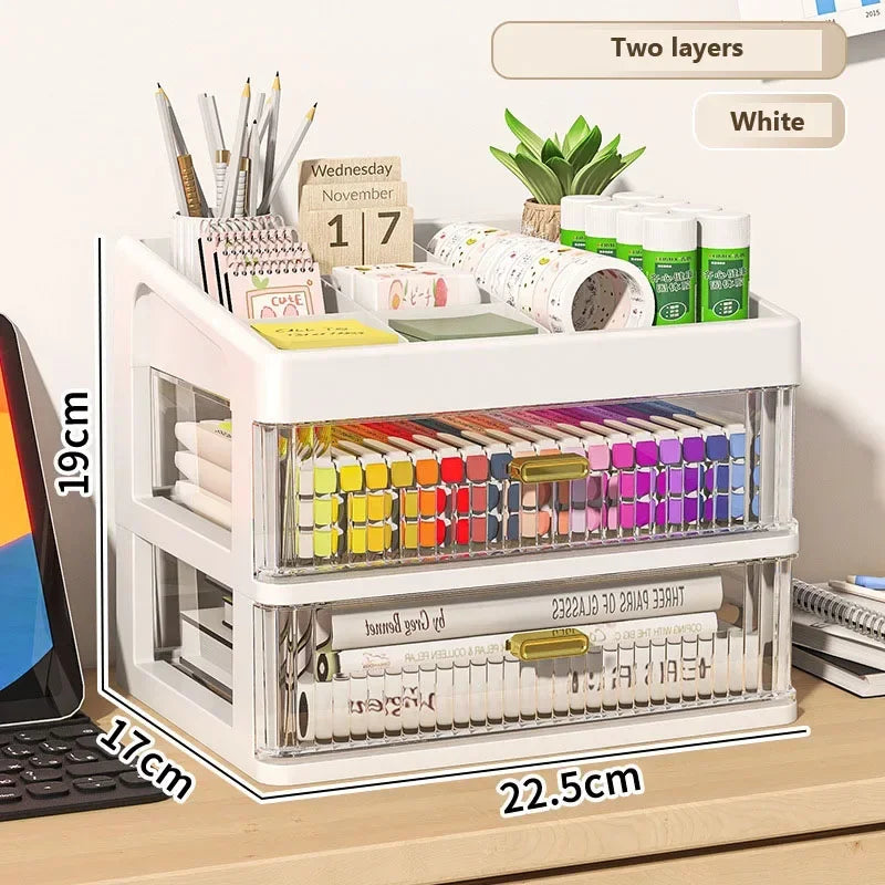 Transparent Plastic Desk Organizer with Drawer, Multifunctional Stationery Storage Box, Desktop Organizer for School & Office Supplies