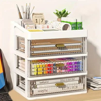 Transparent Plastic Desk Organizer with Drawer, Multifunctional Stationery Storage Box, Desktop Organizer for School & Office Supplies