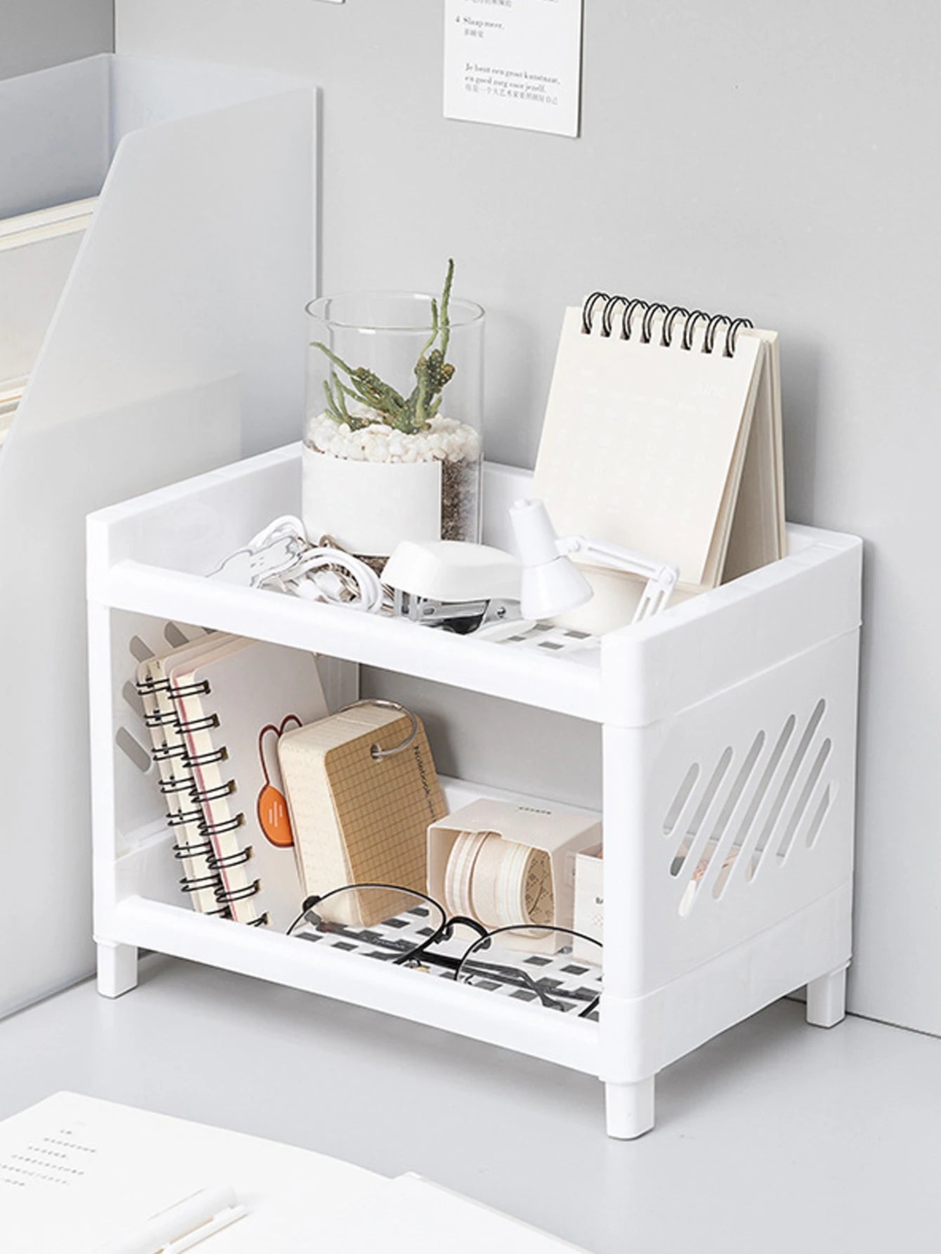 Double-Layer PP Desktop Storage Rack, White Rectangular Desk Organizer, Multi-Purpose Storage for Student Stationery, Office Supplies & Cosmetics