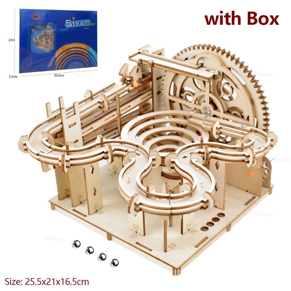 3D Wooden Puzzle DIY Mechanical Model Building Kit, Assemble Toy Set with Marble Run & 4 Balls, Creative Gifts for Adults & Kids