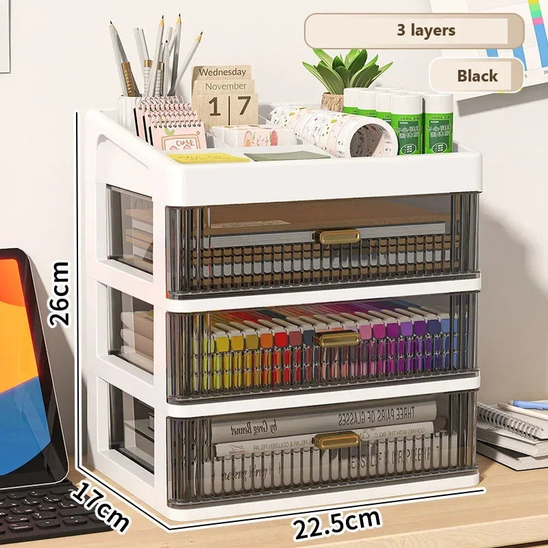 Transparent Plastic Desk Organizer with Drawer, Multifunctional Stationery Storage Box, Desktop Organizer for School & Office Supplies