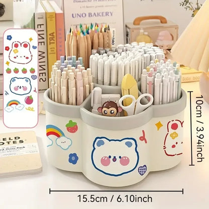 Large Capacity 360° Rotating Desk Organizer, Cute Pen Holder & Stationery Storage Box for Office & School Supplies