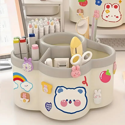 Large Capacity 360° Rotating Desk Organizer, Cute Pen Holder & Stationery Storage Box for Office & School Supplies