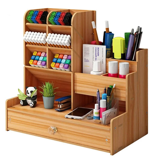 Wooden Desktop Organizer with Drawer, DIY Assemble Pen Holder, Large Capacity Stationery Storage Box, Multifunctional Desk Tidy for Home, Office & School