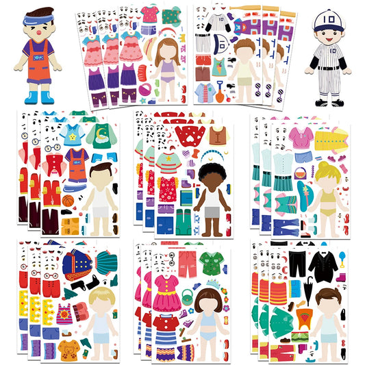 8/16/32PCS Funny Kids Dress-Up Puzzle Stickers, Cute Cartoon Creative DIY Stickers, Waterproof Decorative Stickers for Children’s Puzzle Activities