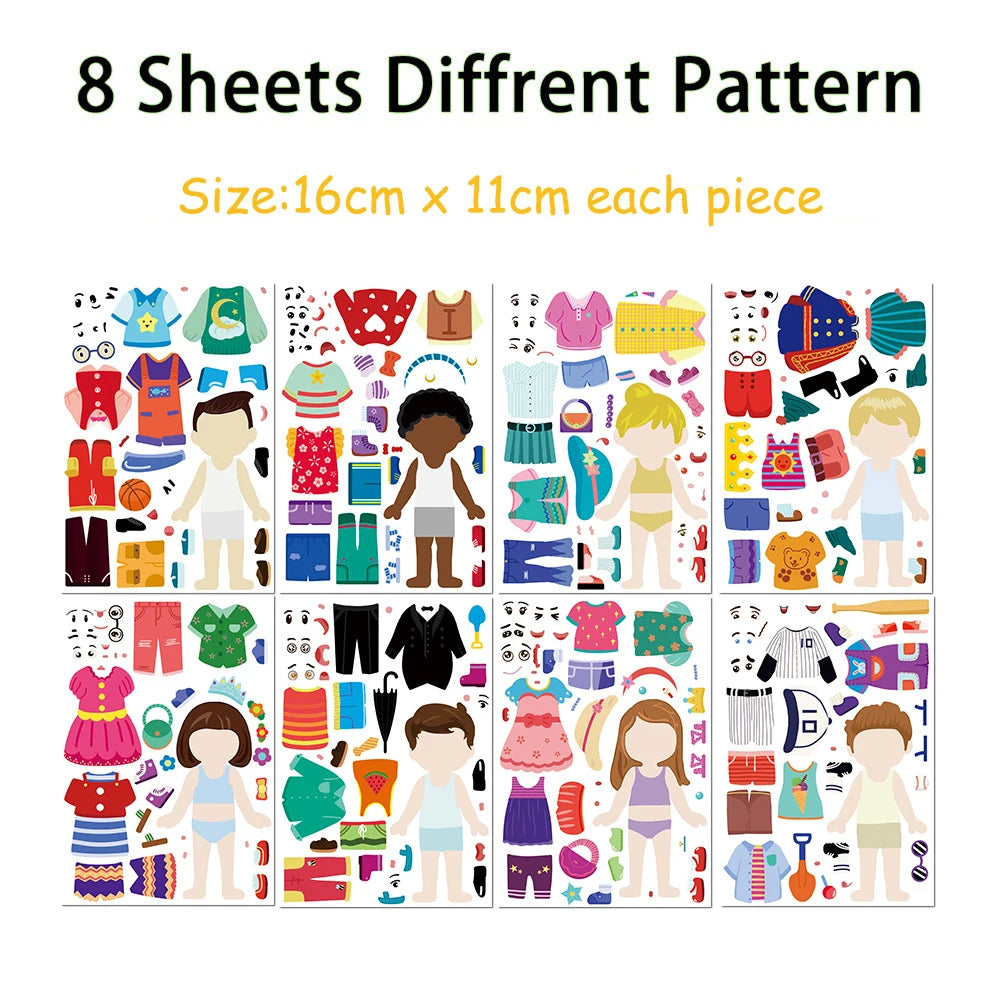 8/16/32PCS Funny Kids Dress-Up Puzzle Stickers, Cute Cartoon Creative DIY Stickers, Waterproof Decorative Stickers for Children’s Puzzle Activities
