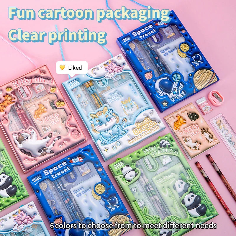 6-in-1 3D Cartoon Stationery Set, Portable Kids Learning Gift Box, Practical Study Supplies for Students