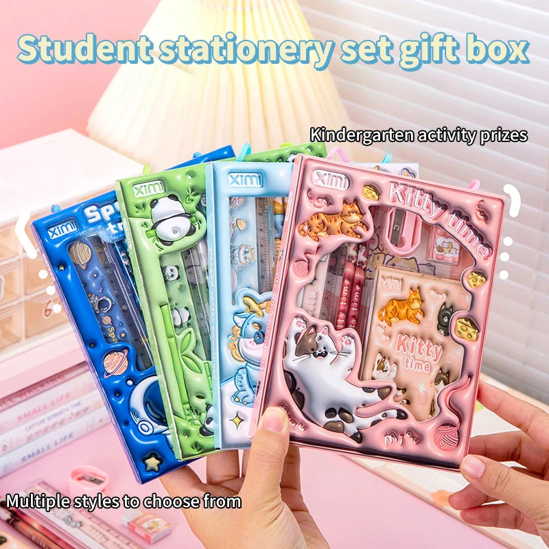 6-in-1 3D Cartoon Stationery Set, Portable Kids Learning Gift Box, Practical Study Supplies for Students
