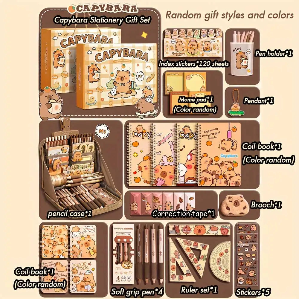 Adorable Capybara Themed Stationery Gift Set for Students, Including Comfort-Grip Pens, Notebook, Pencil Case & Complete School Supplies Kit